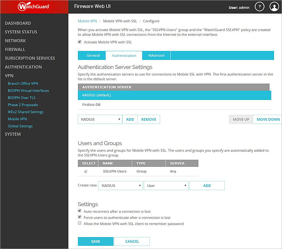 Screen shot of the Mobile VPN with SSL dialog box, Authentication tab